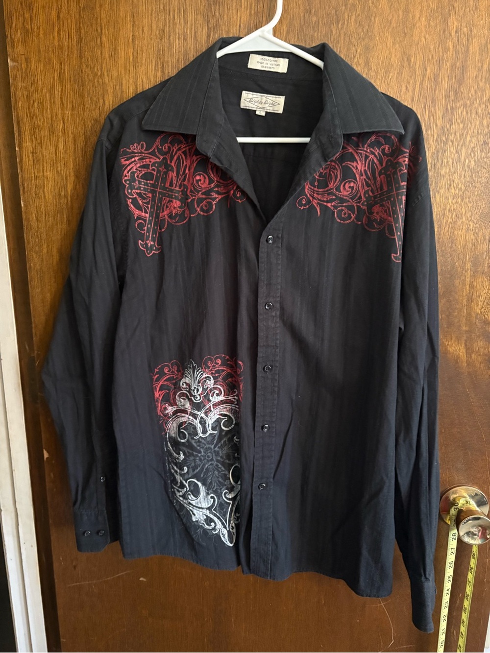 Eighty Eight Black Button-Down Shirt with Red & Silver Embroidery